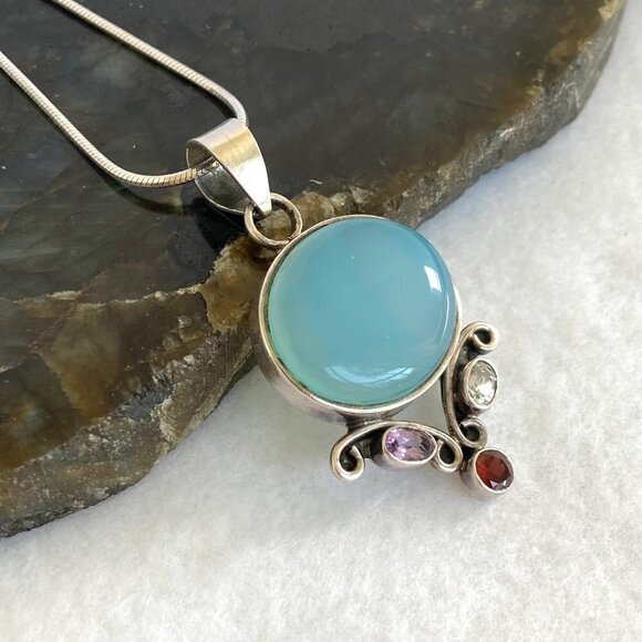 Sterling Silver 925 Chalcedony Amethyst Garnet Iolite Pendant Necklace 20" Chain - Picture 4 of 16